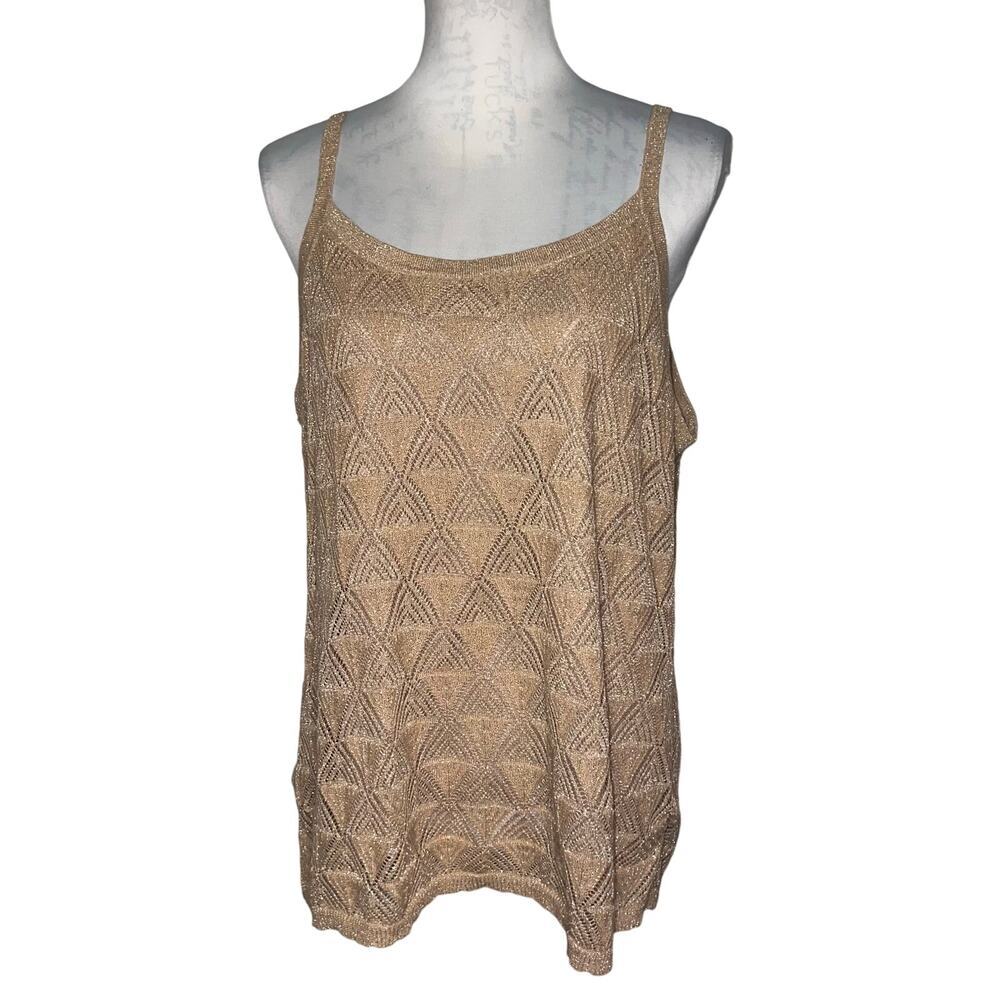 NY Collection Women 1X Gold Metallic Fan Knit Stretch Lined Y2K Artsy Cami‎ Tank